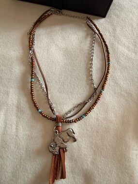 Western Brown Beaded Multi-Strand Necklace with Bison Pendant
